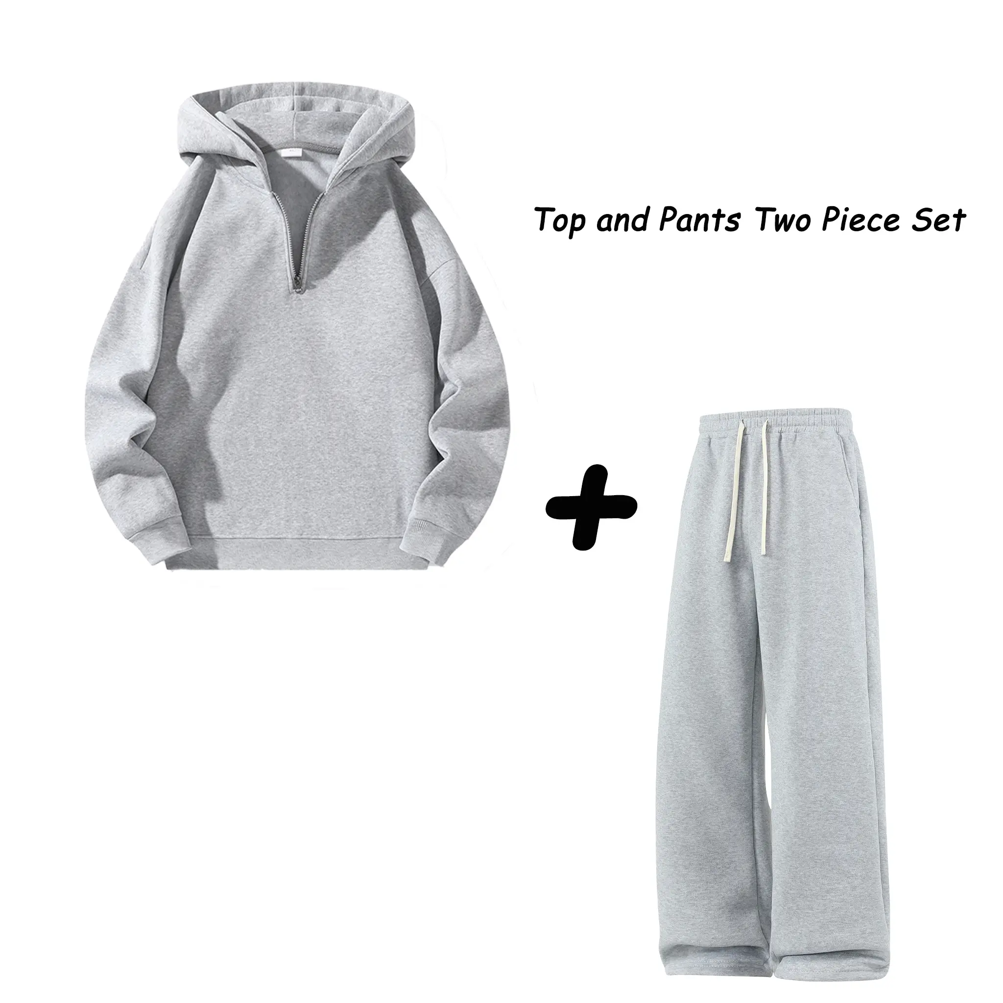 Men's 2-Piece Sets - Long-Sleeve Half-Zip Hoodie & Loose Elastic Waist Drawstring Sweatpants, Minimalist Solid Design, Suitable for Casual Sports, Drawstring Tie