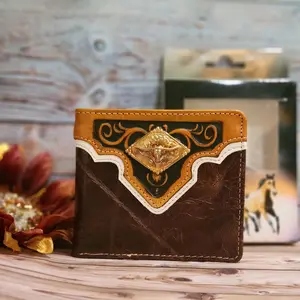 Longhorn Western wallet Texas style genuine leather short bi-fold concho and embossed leather wallet swirl pattern in gift box