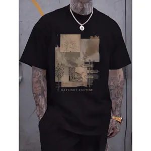 Vintage Collage Sun And Signpost Graphic Tee In Neutral Beige Tones, Printed Tee With Retro Street Art Building Sketch And Small Tree Art, Casual Wear Unisex Top For Summer, Streetwear Aesthetic Tee, Trendy Soft Fabric Daylight Text Detail