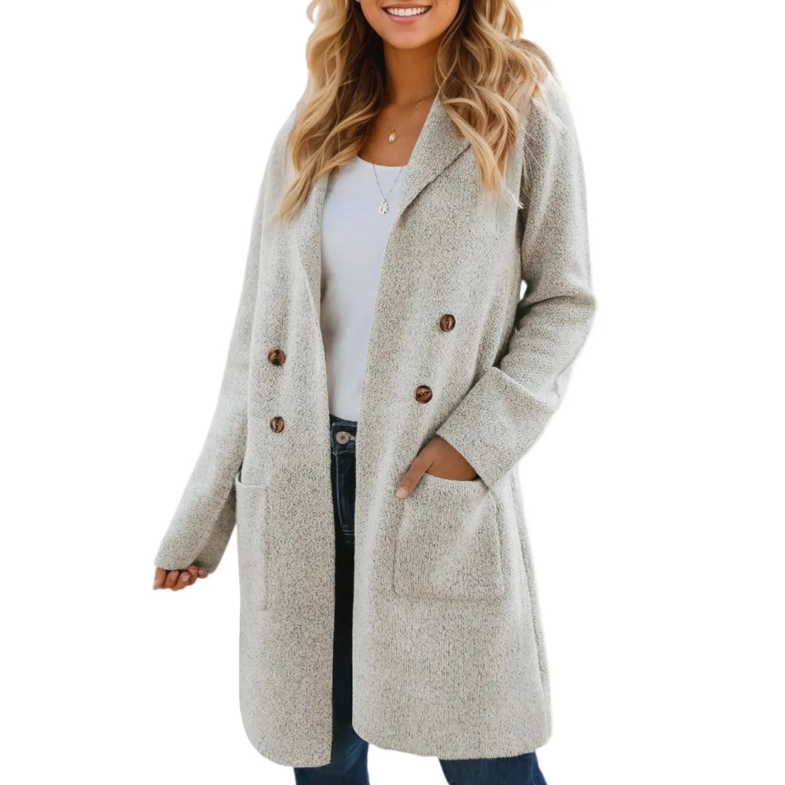 CiCiBird Womens Long Cardigan Sweater Solid Polyester Knit Fabric Open Front Dressy Blazer Coatigan with Pockets Soft Loose Fit Elegant Knitwear Tops for Office Casual Travel Fall Outfits and Daily Womenswear