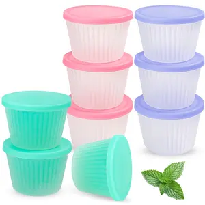 Koluti 4oz Silicone Jello Shot Cups with Lids, Small Clear Portion Souffle Pudding Dessert Cup Set of 9, Airtight and Stackable Condiment Dipping Sauce Food Storage Container, Dishwasher Safe