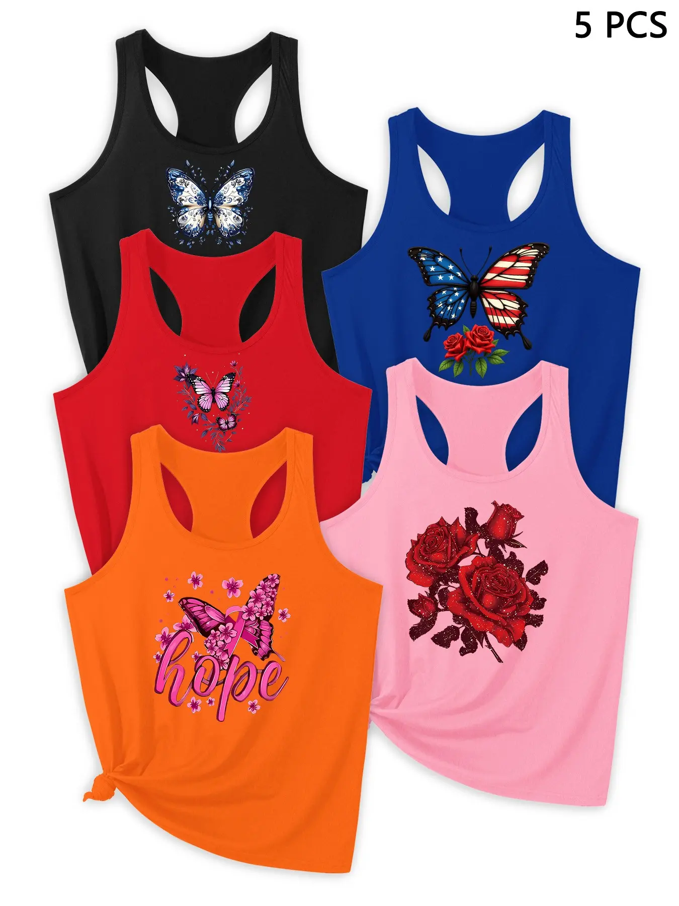 2026 Trendy Design New Tank Top, Butterfly Element Letter Print, Outdoor Sports Wear, Summer Active Wear, Activewear Vest, Workout Activewear, Sleeveless Sports Vest, Yoga Sports Vest, Workout Vests, Deep Blue 5 Pack