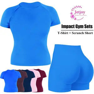 Jetjoy 2 Piece Workout Sets for Women, Long or Short Sleeve T Shirt Tank Top + Workout Shorts Butt Lifting Gym Seamless Booty Biker Shorts, Going Out Gym Sets Fitness Clothes Skinny Sportswear Compression Activewear Gymwear Fitness Clothes Mesh Athleisure