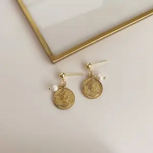 Elegant Women's Vintage Style Earrings with Coin Design and Gold Finish earring woman