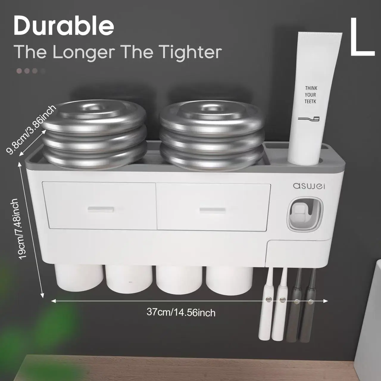 aswei Automatic Toothpaste Dispenser, Wall-Mounted No-Drill Squeezer with Toothbrush Holder