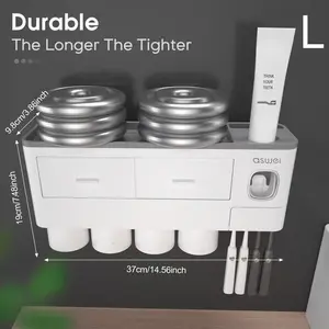 aswei Automatic Toothpaste Dispenser, Wall-Mounted No-Drill Squeezer with Toothbrush Holder