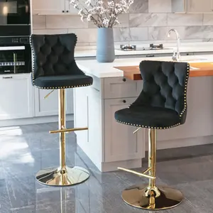 Swivel Bar Stools Set of 2, Adjustable Counter Height Velvet Upholstered Barstools with Nailheads Trim, Button Tufted Back and Golden Footrest, Bar Chairs for Dining Room Home Bar Kitchen