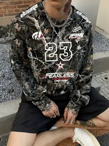 Men's Chicago 23 Camouflage Print Leaves Graphic Long Sleeve Shirt, Fearless Slogan, Soft Comfortable Fabric, Casual Streetwear, Fall&winter Fashion