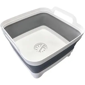 9L (2.4Gal) Dish Basin Collapsible with Drain Plug Carry Handles,Kitchen Storage Tray Dish Wash Basin, Portable Dish Tub, Foldable Dishpan for Camping,RV,Gray