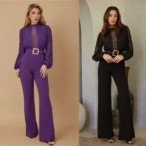 WOVEN TOP CROCHET DEATILED FASHION JUMPSUIT - SQUARE PATTERN NET - LONG SLEEEVE AND RUCHED CUFF DETAIL - PRETTY BUCKLE WITH ADJUSTABLE BELT - ZIPPER ON THE BACK