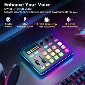 3-Channel RGB Lights Gaming Audio Mixer Amplifier Set - XLR Microphone Jack, 48V Phantom Power, Volume Slider, Mute Button, USB Port, for Live Streaming & Podcasting, with Manufacturer Warranty