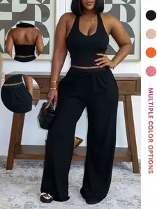 Summer New Halter Neck Backless Waist Cinch Slimming Wide Leg Pants, Casual Tie Long Pants Women Set, Drawstring Waist Large Swing Wide Leg Pants, Womenswear
