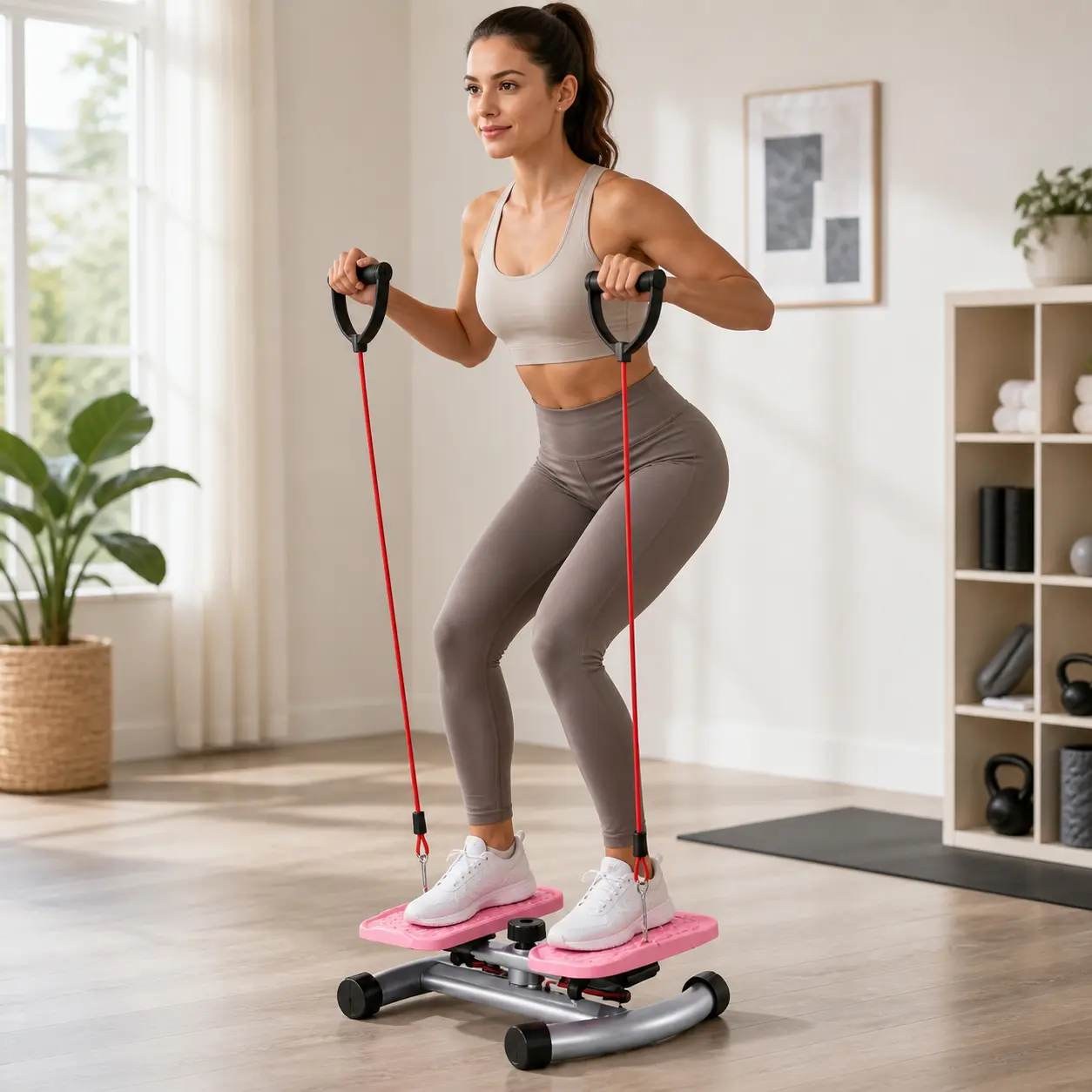 Mini Stepper with Resistance Bands - Compact Unisex Stair Step Exercise Machine for Full Body Cardio, Portable Home Gym At Home Gym Equipment (Pink, Blue)