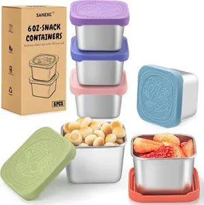 6-Pack Metal Food Containers with Silicone Easy-Open, 100% Leak-Proof, BPA-Free Lids, Reusable Baby Lunch Boxes for Daycare & Travel
