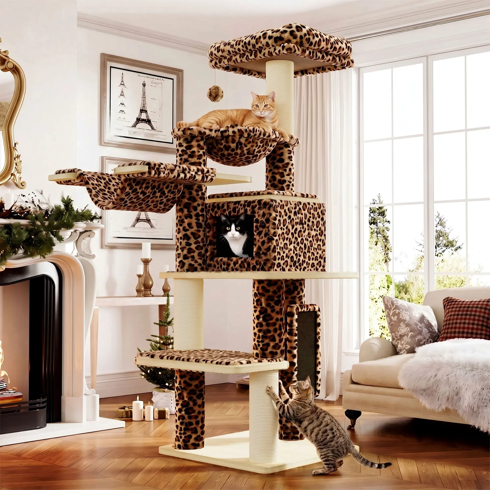 SHA CERLIN 77-Inch Multi-Level Plush Cat Tree Tower, Vertical Scratcher with Extra Thick Scratching Posts, Detachable Washable Cushions, Anti-Tip Safety Design, Leopard & Cream White Color