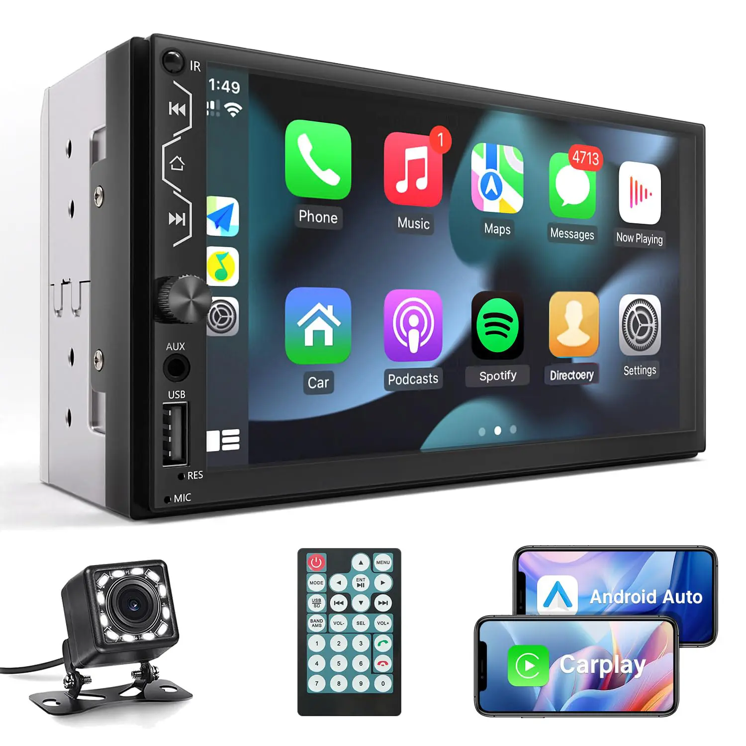7 Inch Touchscreen Car Radio Double Din, Car Audio Receivers, Bluetooth, Backup Camera, Mirrorlink, SWC, FM&EQ, USB/AUX with Apple Carplay and Android Auto