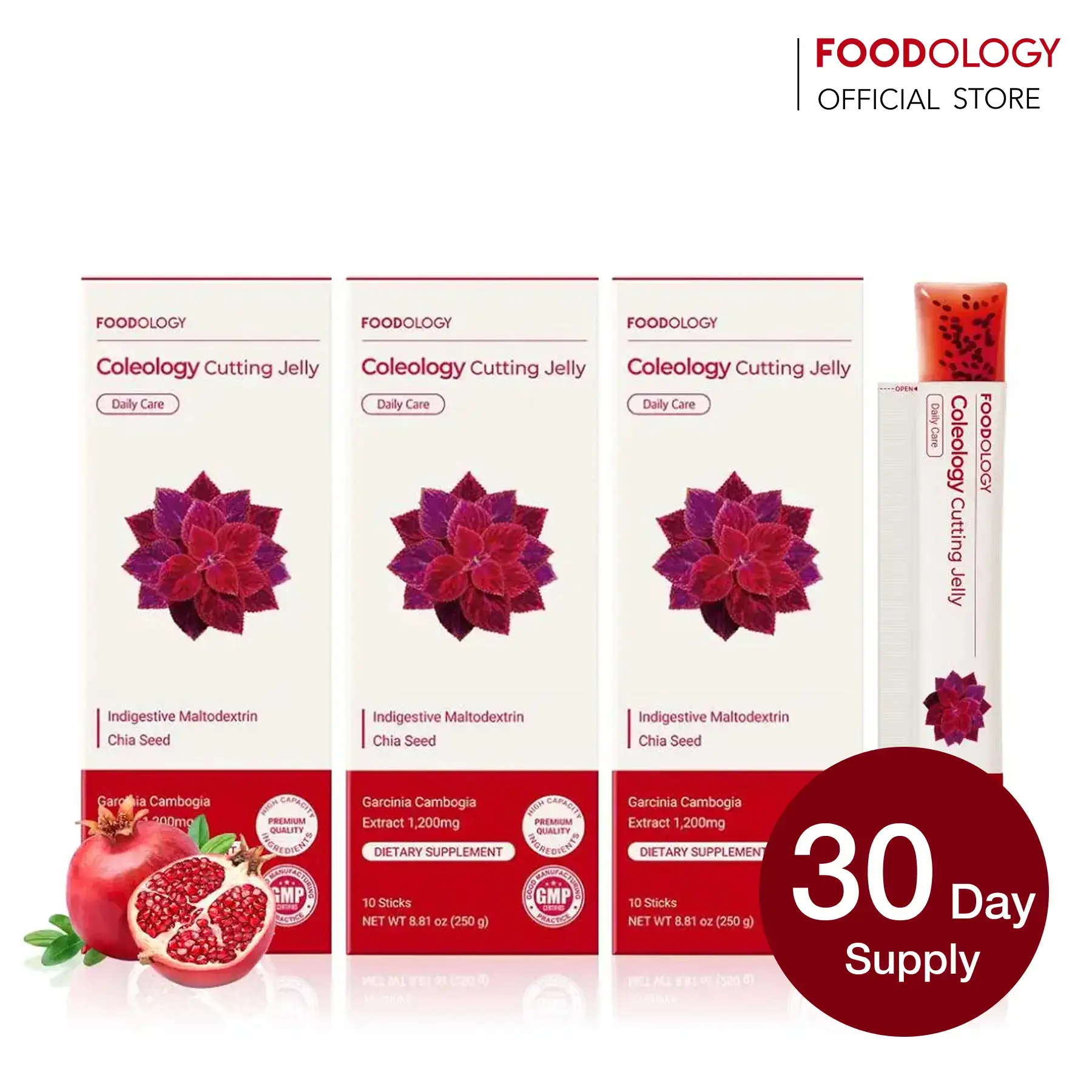 [FOODOLOGY] Coleology Cutting Jelly 30days - Garcinia Cambogia (HCA), Chia Seeds Collagen, Hyaluronic Acid, Pomegranate Flavored 8.81 oz /10 Sticks