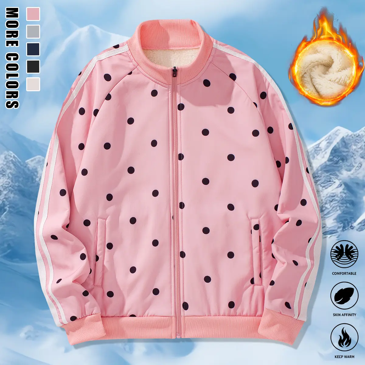 JOGWAVE Women's Cute Style Fleece-Lined Boho Polka Dot Jacket - Full Zipper, Raglan Long Sleeves, Warm Outerwear for Outdoor Activities & Casual Wear, Long Sleeve, Cute Style Women's Fleece Jackets