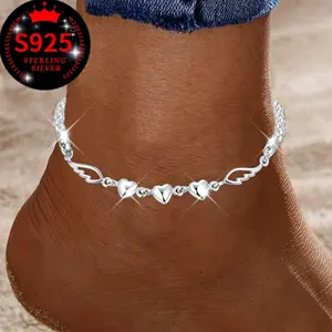 Fashion Jewelry 925 Sterling Silvery Heart Angel Wings Anklet, Summer Beach Jewelry Women's Gift