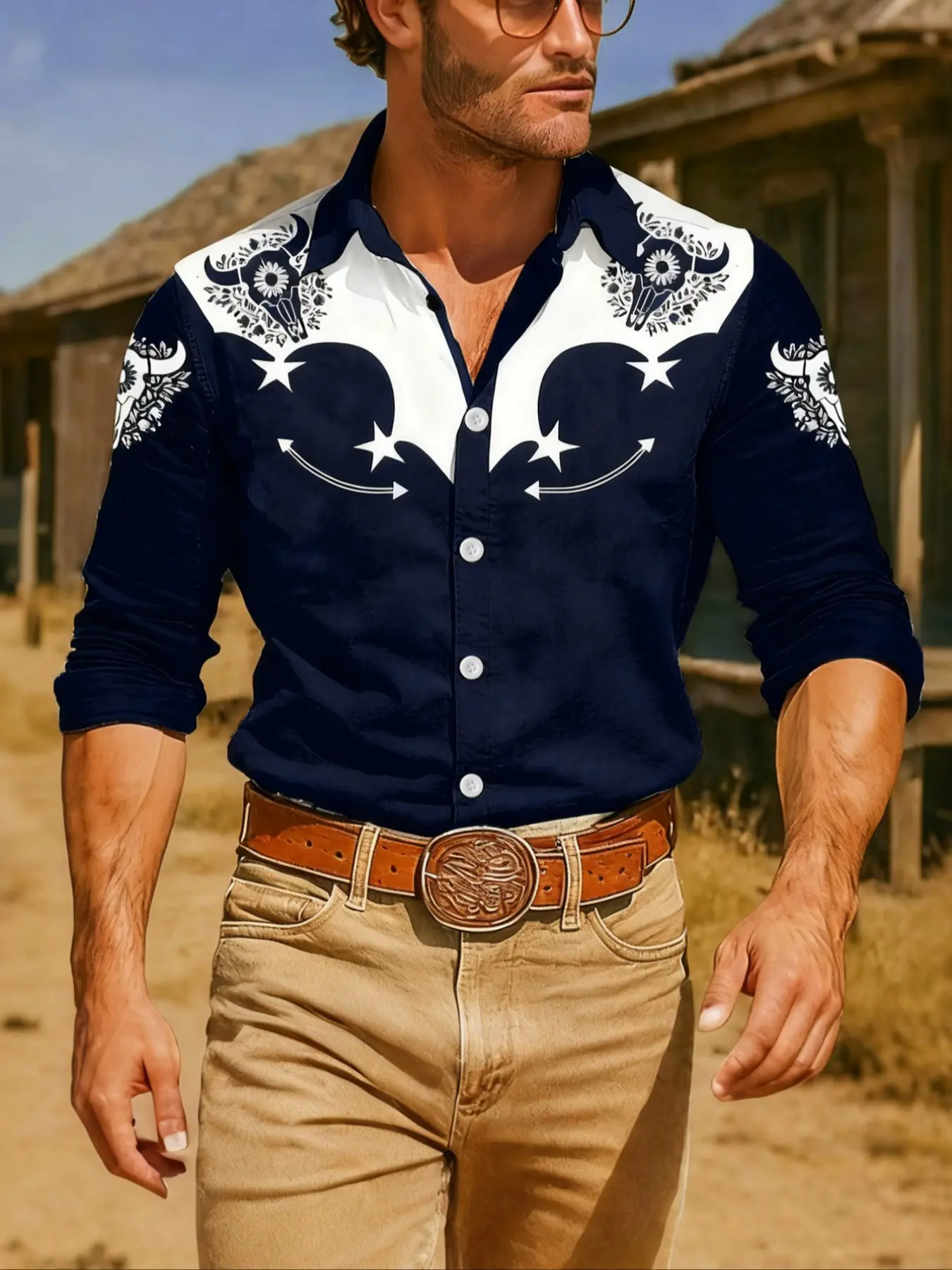 Men's Western Style Long Sleeve Fitted Shirt, Vintage Denim Cow Print, Classic Collar Single Button Design, Casual Spring & Fall Fashion