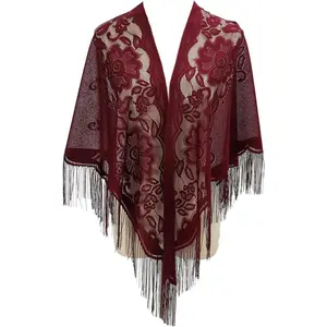 Shawl Wraps for Women  Nylon Hollow Solid Color Breathable Tassel Triangle Scarf Shawl