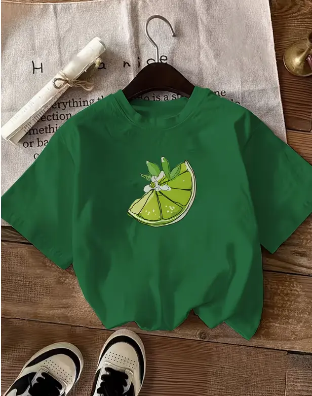 Lime-themed summer graphic T-shirt; machine washable; regular length; unisex style; popular item in women's fashion.