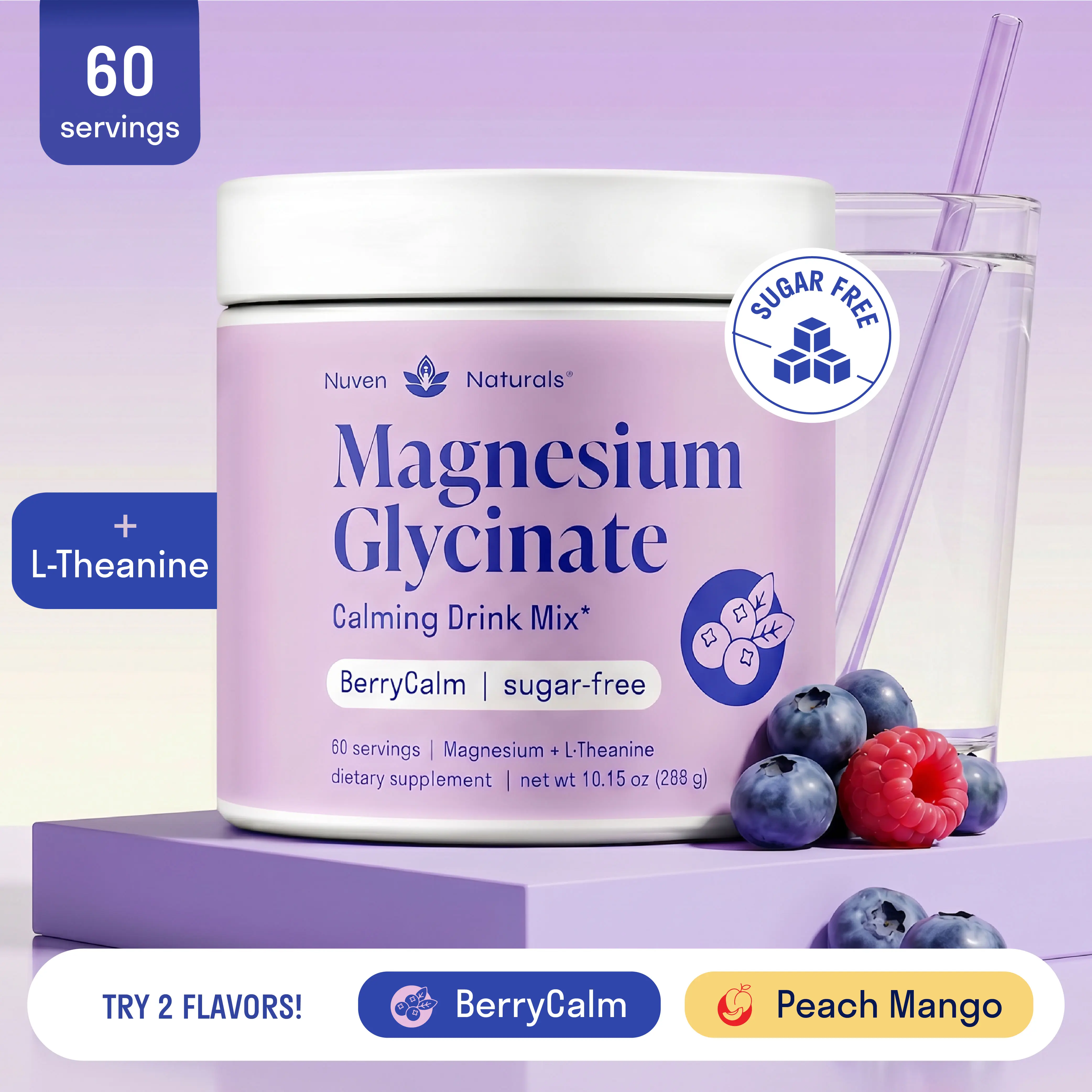 Magnesium Glycinate Powder + L-Theanine | 60 Servings | 300 mg per Scoop High Absorption Chelated Magnesium Powder for Sleep - Natural Mixed Berry Flavor, No Sugar, Support Restful Sleep & Relaxation
