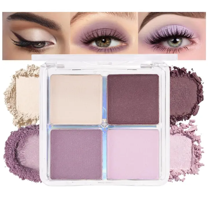 4 Colors Light Violet Pink Purple Brown Eye Shadow Powder Palette Makeup, Neutral Matte Shimmer Quads Eyeshadow Palette for Women Highly Pigmented Waterproof, paleta de sombras de ojos,Vegan 02