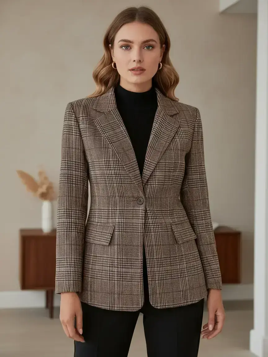 Vintage Plaid Button Front Blazer, Retro Style Women's One-Button Design Top, Fashionable & Comfortable, Perfect for Casual Wear, Business Attire Clothes