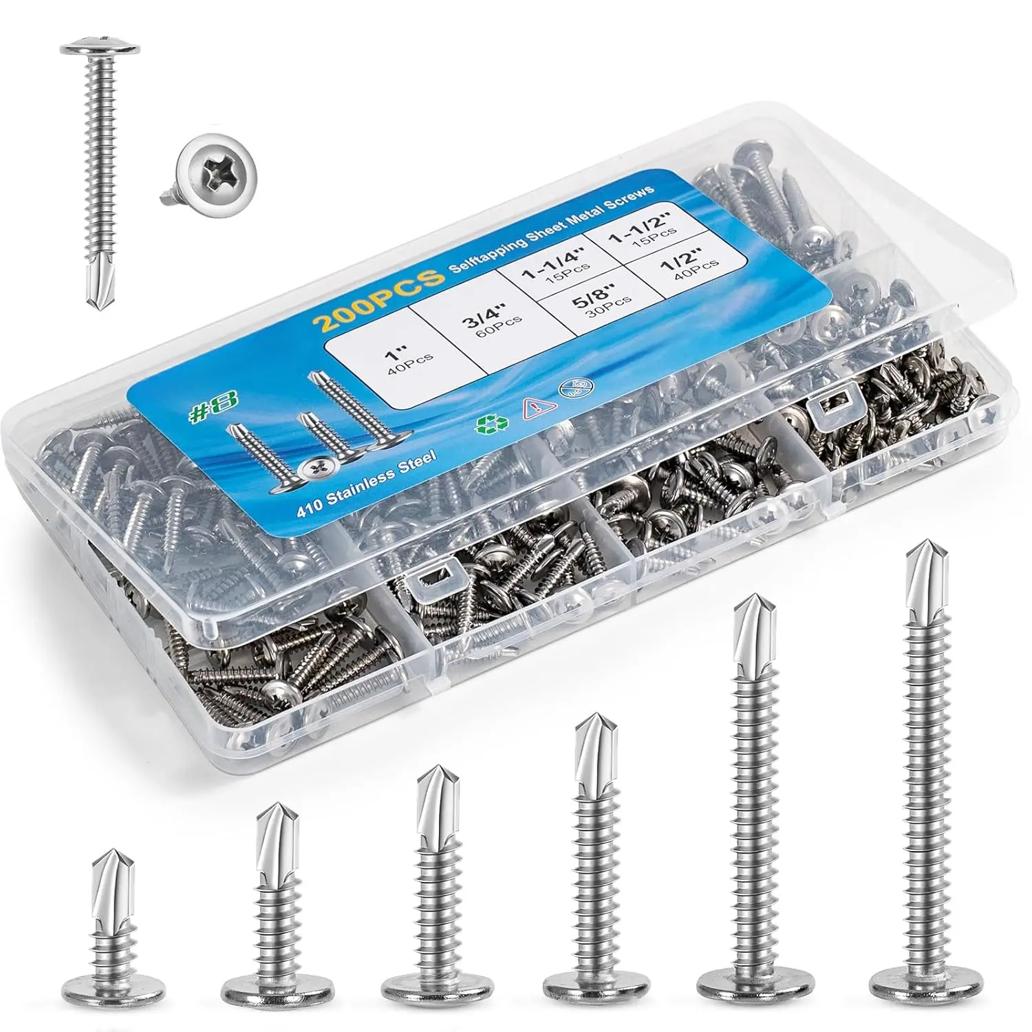 200PCS Sheet Metal Self-Drilling Screws Assortment Kit - # 8 Truss Head ...