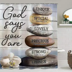 Creative Religious Inspirational Bath Shower Curtain Set, God Says You Are Theme, Precious, Strong, Chosen, Includes 12 Plastic Hooks, Non-Slip Mat, Toilet Lid Pad, Bathroom Decor, Home Goods