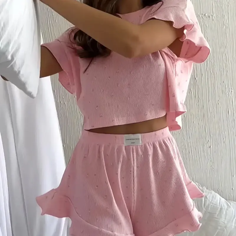 Women's All-Over Heart Print Pajama Set, Heart Pajamas, Casual Comfy Ruffle-Trim Crop Top & Elastic-Waist Shorts PJ Two-Piece Set, Ladies Sleepwear and Loungewear Nightwear Outfit for All Seasons