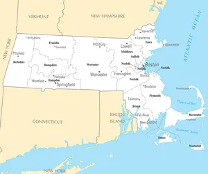 Map of Massachusetts MA - County Map with selected Cities and Towns - Peel and Stick Wall Decal