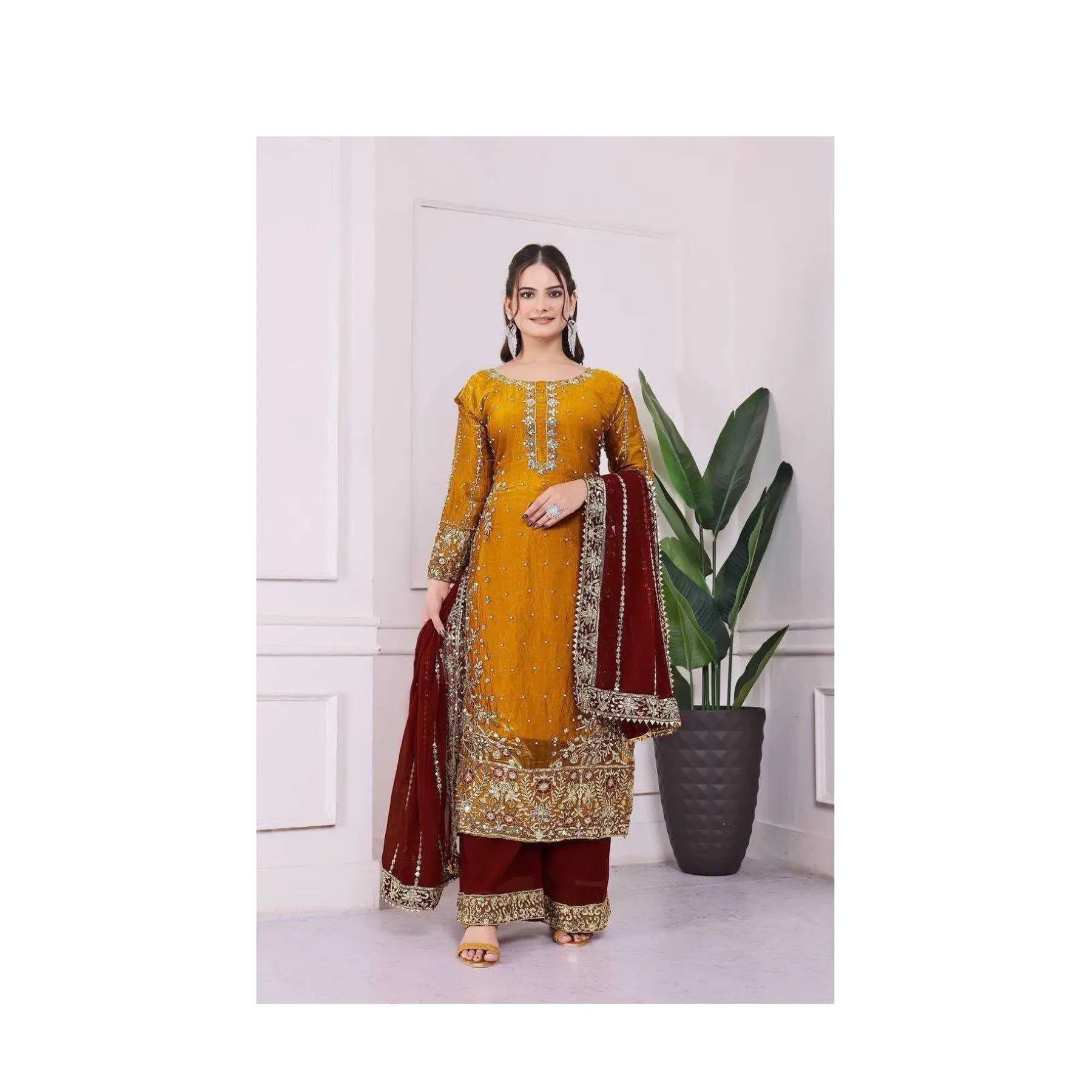 Elegant Yellow & Maroon Embroidered Kurta Set with Gold Accents and Matching Dupatta for Special Occasions