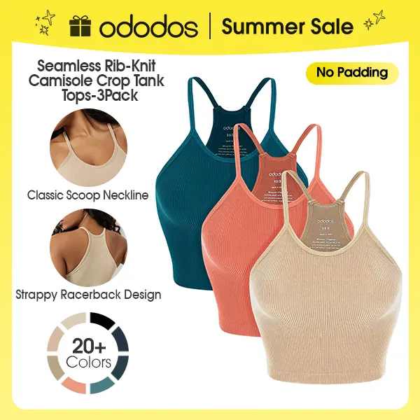 ODODOS Women's Crop 3-Pack Seamless (No Padding) Rib-Knit Camisole Tank Tops - Stretchy 4-Way Fabric for Yoga & Workouts - Soft Lightweight Design, summerwins,back to school,back to school shopping