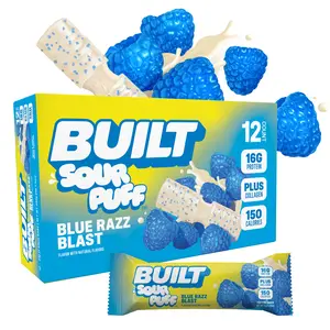 Official BUILT Bar, Sour Puff Protein Bars, Blue Razz Blast Puff, 16g Protein Snacks, On-The-Go Bars, Only 150 Calories, 8g Sugar, Collagen, Gluten Free, 12 Count