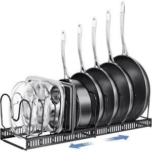 Pots and Pans Organizer Under Cabinet With Pot Lid Organizer, Expandable Adjustable Rack 12"-23" with 10 Dividers for Inside Cabinet Kitchen Organization, Black