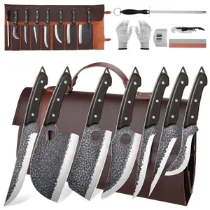 ROCOCO 13PCS Butcher Cleaver Knife Set for Meat Cutting Serbian Chef Viking Boning Knife with Roll Bag for Kitchen Outdoor BBQ Camping Birthday Christmas Father Mother Gift Idea Men