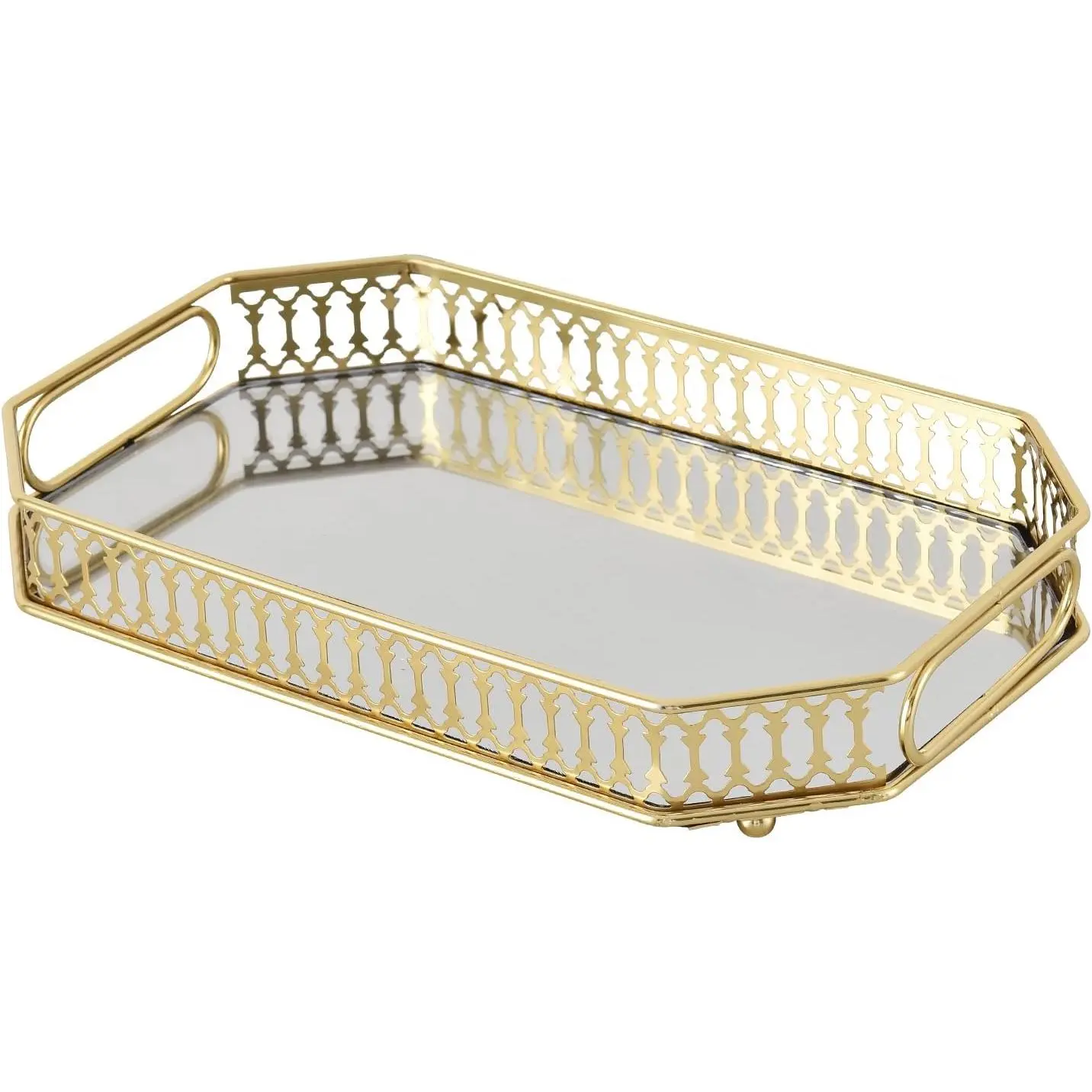 Small Vintage Gold Glass Mirrored Vanity Tray with Handles - 13.8x9.8x2 in Luxury Bathroom Accessory, Large Capacity Versatile Makeup Organizer for Dresser & Bathroom Organization