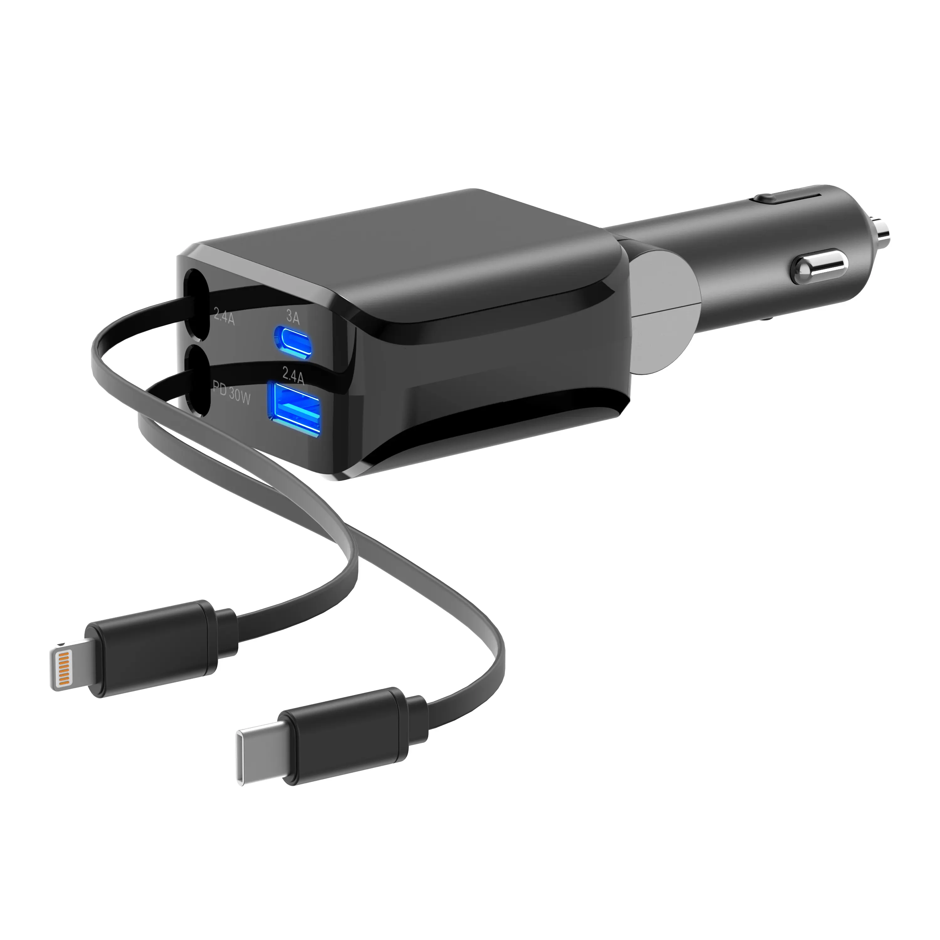 100W 4-in-1 Retractable Vehicle Charger, Fast-Charging Multiport Type C Adapter with Lightning Cable & Dual Ports – Type C Charging Auto Accessories Interior for Cars, iPhone, Samsung