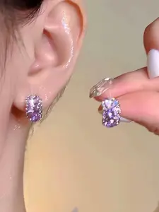 1 pair of sparkling diamond studded geometric half curved earrings, purple gentle, sweet, exquisite and versatile earrings, perfect gift earrings for ladies, Stud Earring Jewelry