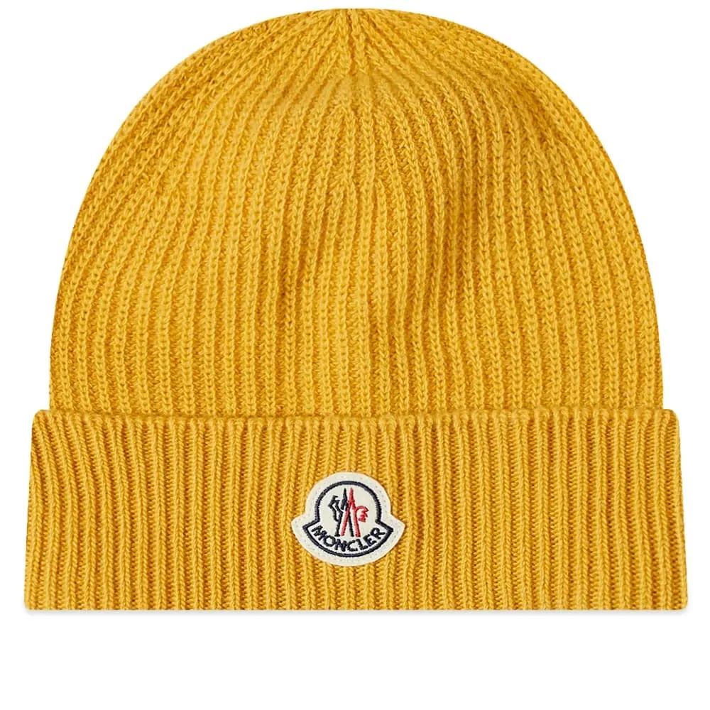 MONCLER Yellow Rib-Knit Beanie Hat with Logo Patch, Warm Winter Knit Cap, Unisex One Size