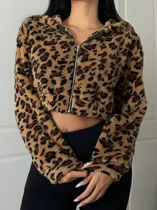 Women's Leopard Print Fleece Zip Hooded Fitted Jacket, Fashion Vintage Plush Coat, Casual Outerwear for Women, Stylish and Warm