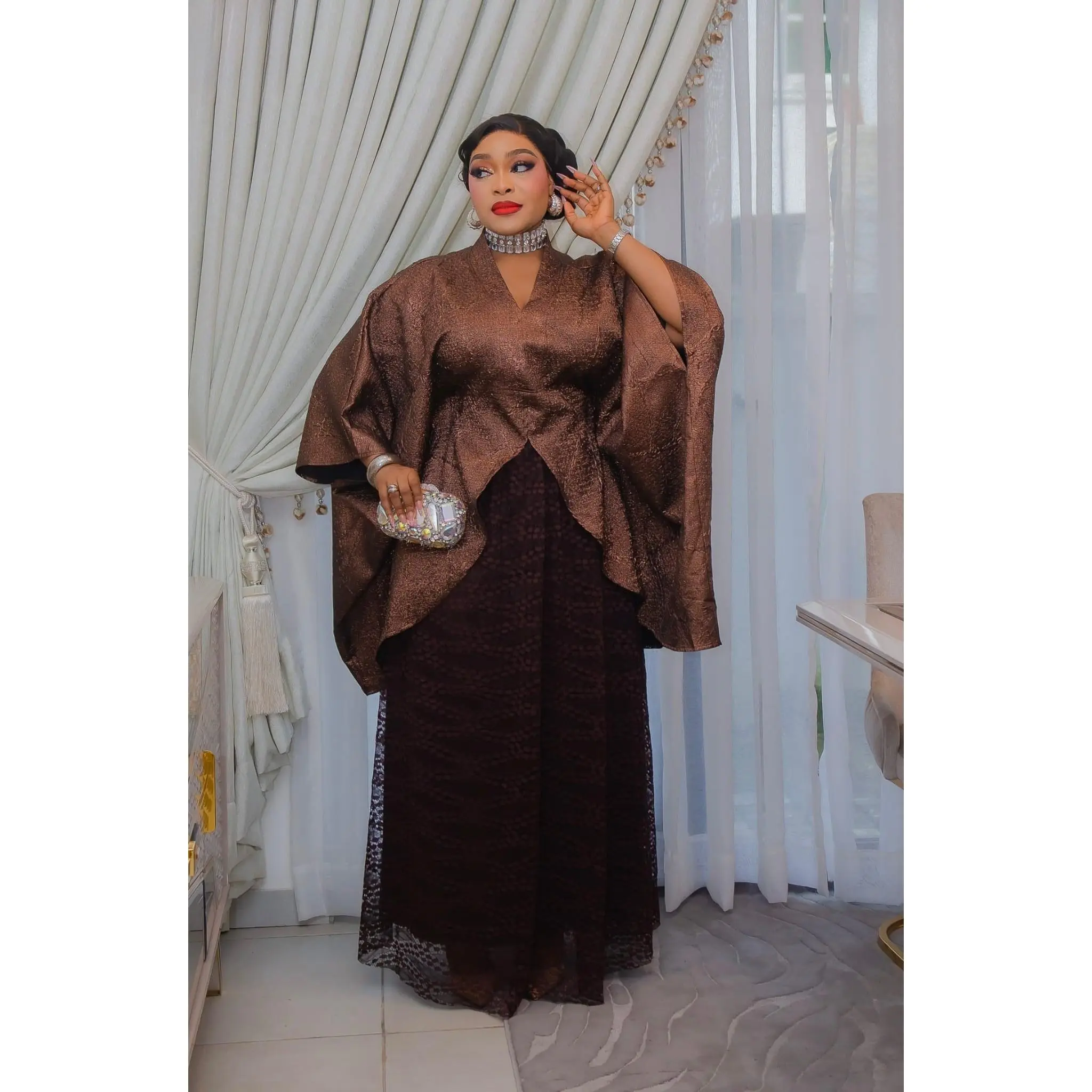 Luxury Brown Kaftan Wrap Top & Chantilly Lace Maxi Skirt Set for Wedding Guest Mother of The Bride Birthday Dinner Cocktail Party Church Gala Anniversary Photoshoot Outfit Rich Auntie Boubou