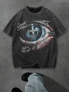 Unisex New T-Shirt, Washed Craftsmanship, American Retro Street Style Graphic Eye Print, Comfortable Casual Short Sleeve Tee