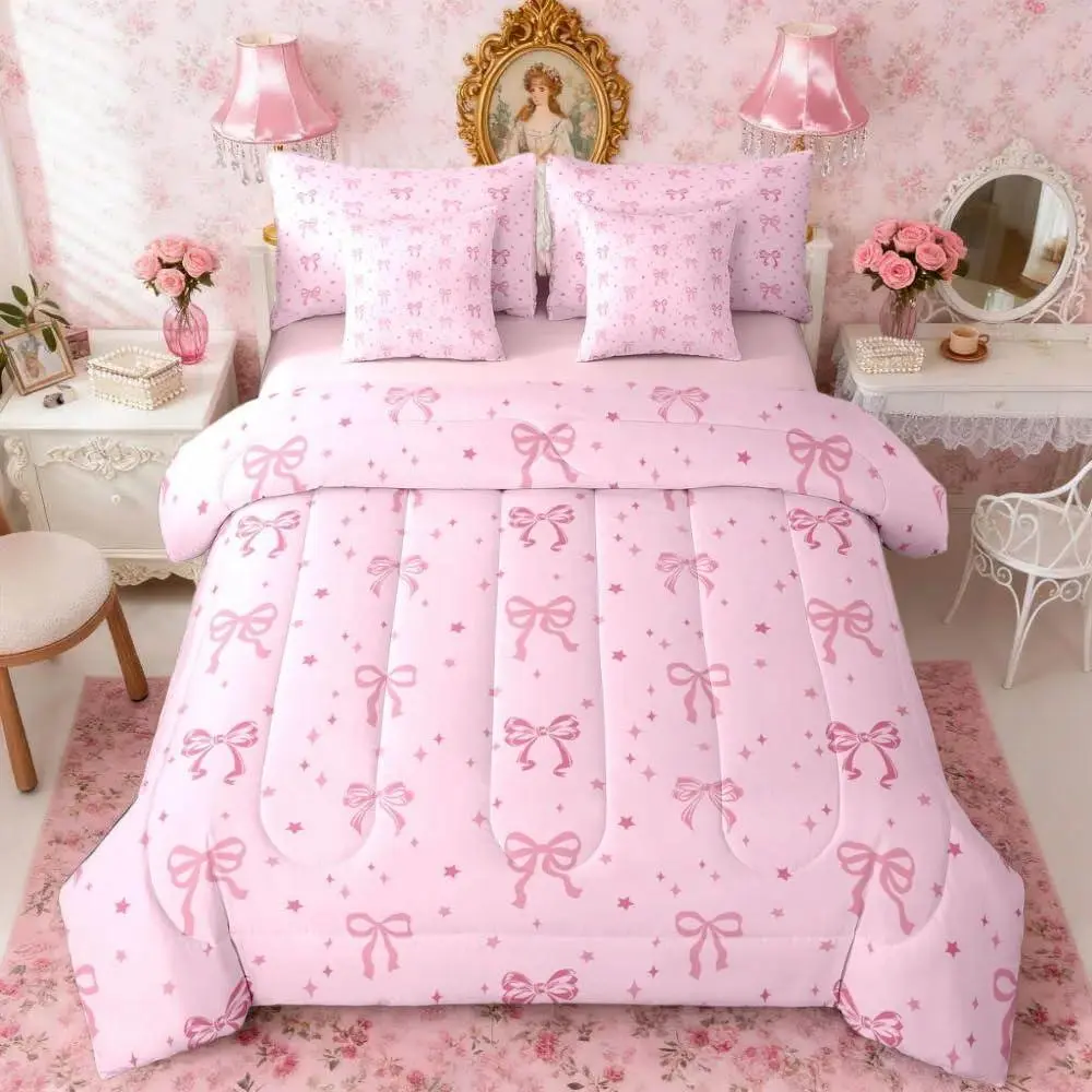 Bow Comforter Set with Sheets 7 Piece Cute Bowknot Bed in a Bag Kids Boys Girls Princess Style Bedding Set Pink Kawaii Bedroom Decor Elegant Breathable Soft Lightweight Microfiber