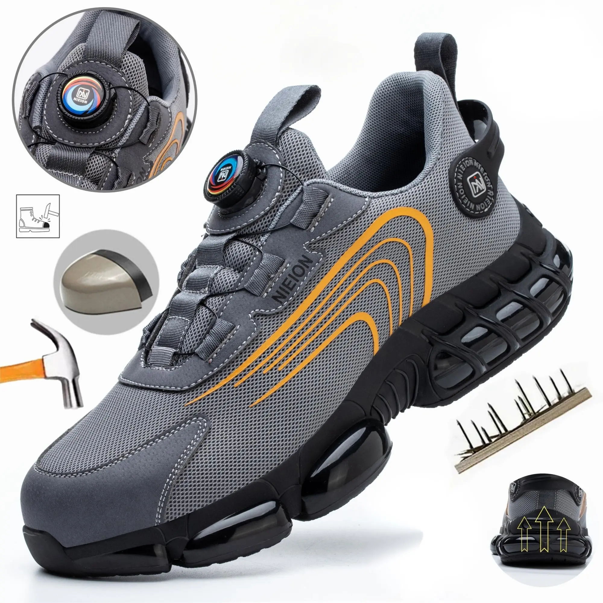 NIEION Steel Toe Work Shoes for Men  Lightweight Safety Shoes with Puncture Resistant Sole, Comfortable Construction & Industrial Work Shoes for Warehouse Worker Footwear Closed