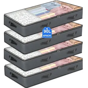 4 Pack 90L Under Bed Storage Containers, Closet Organizers, Home Organizers and Storage Bins, Foldable Underbed Storage Bags, Closet Organization for Linen Sheets, Blanket, Clothing, Comforter, Sweaters, Pillows, Wrapping Paper, Grey