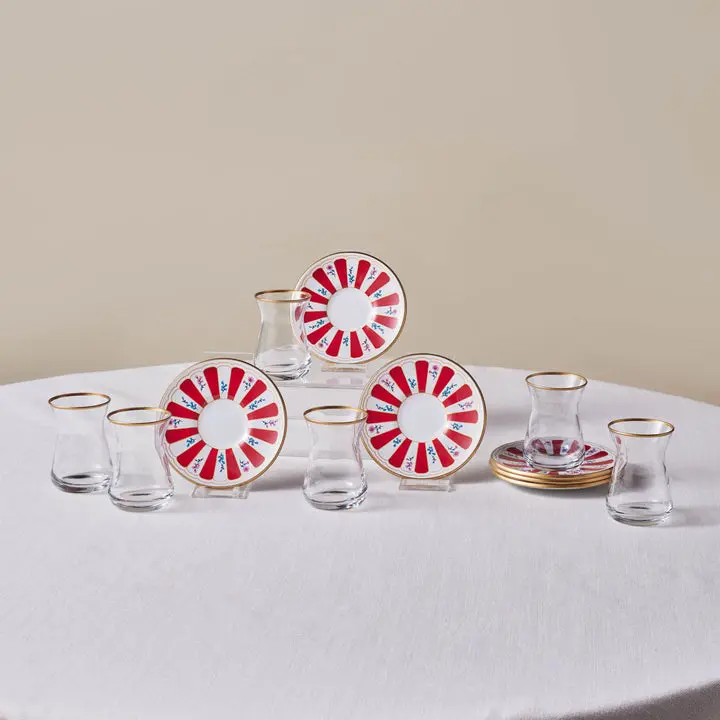 Karaca Bursa 12-Piece Glass Tea Set for 6, 132ml Red Turkish Tea Glass & Saucer Set
