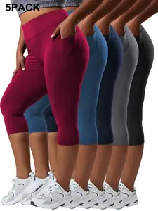 5 Pack Plus Size Capri Leggings with Pockets Non-See-Through Capri Yoga Pants for Women High Waisted Capri Leggings for Women
